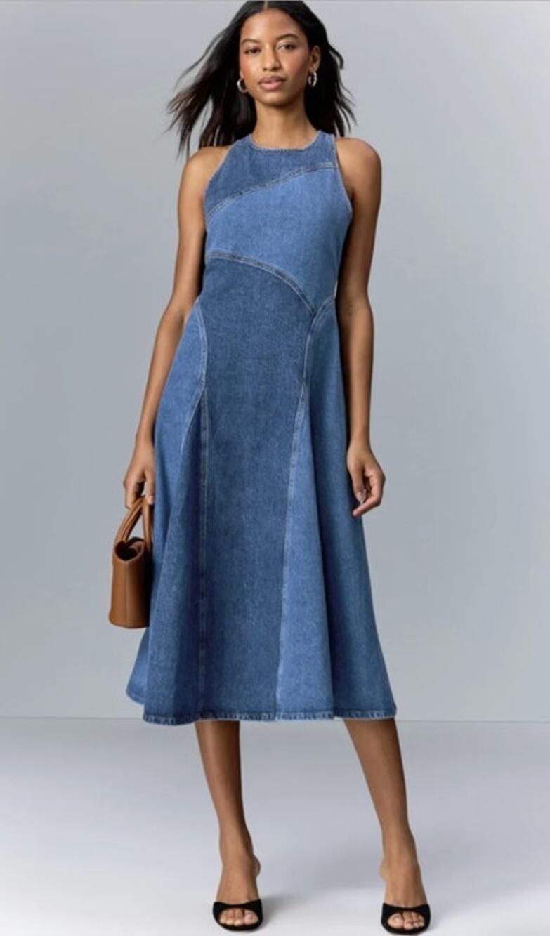 Reiss Wilder Dress Denim Sleeveless Midi Colorblock 0